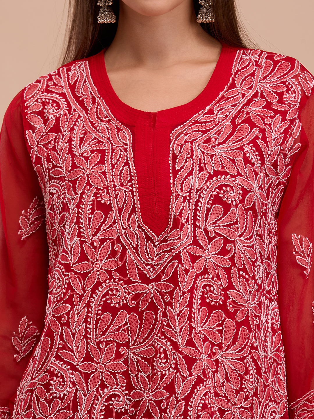 White On Red Georgette Short Lucknowi Chikankari Kurta