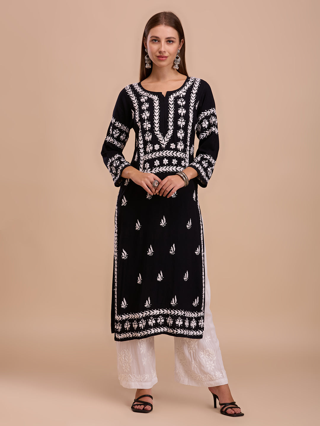 White On Black Long Lucknowi Chikankari Kurta