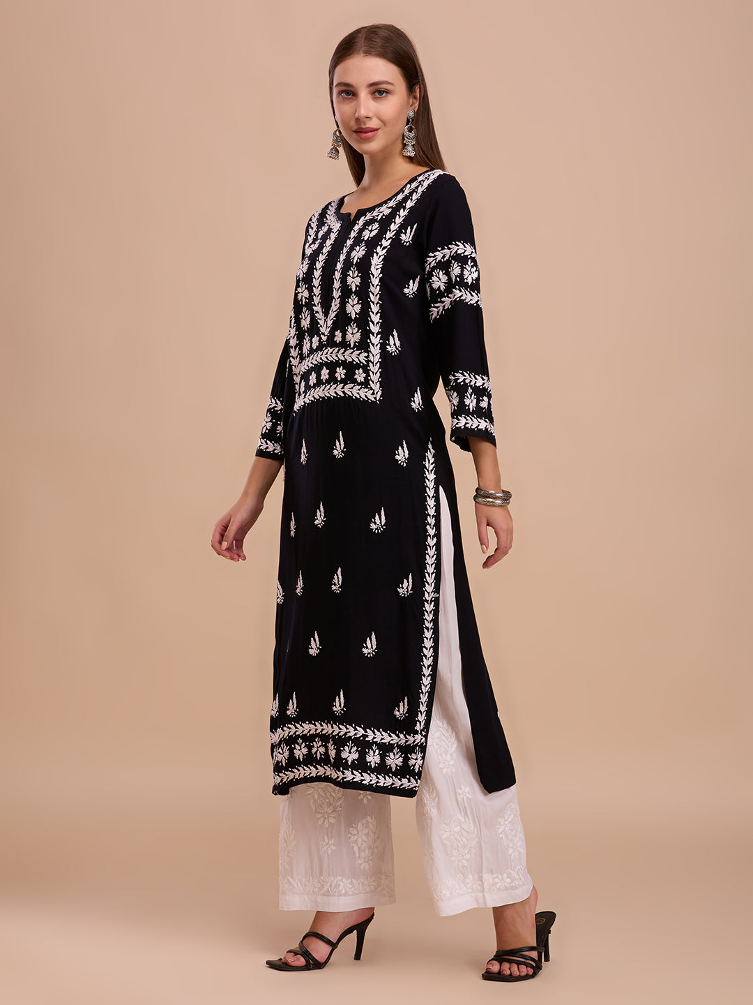 White On Black Long Lucknowi Chikankari Kurta