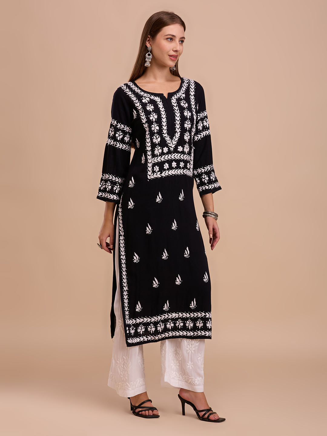 White On Black Long Lucknowi Chikankari Kurta
