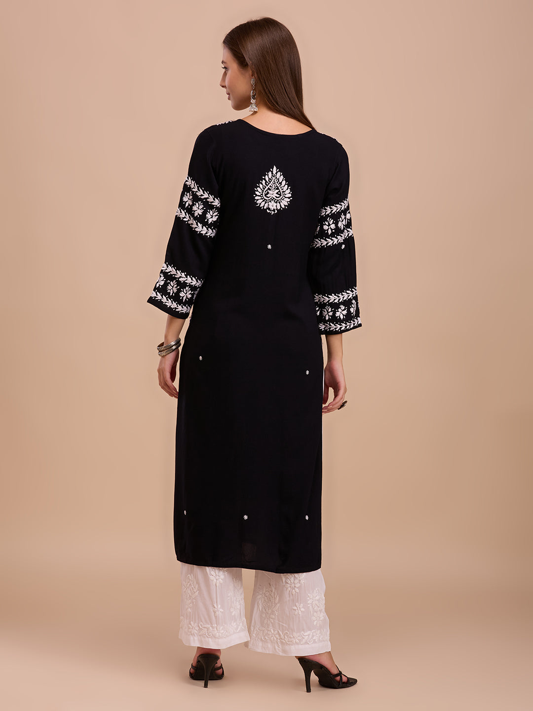 White On Black Long Lucknowi Chikankari Kurta