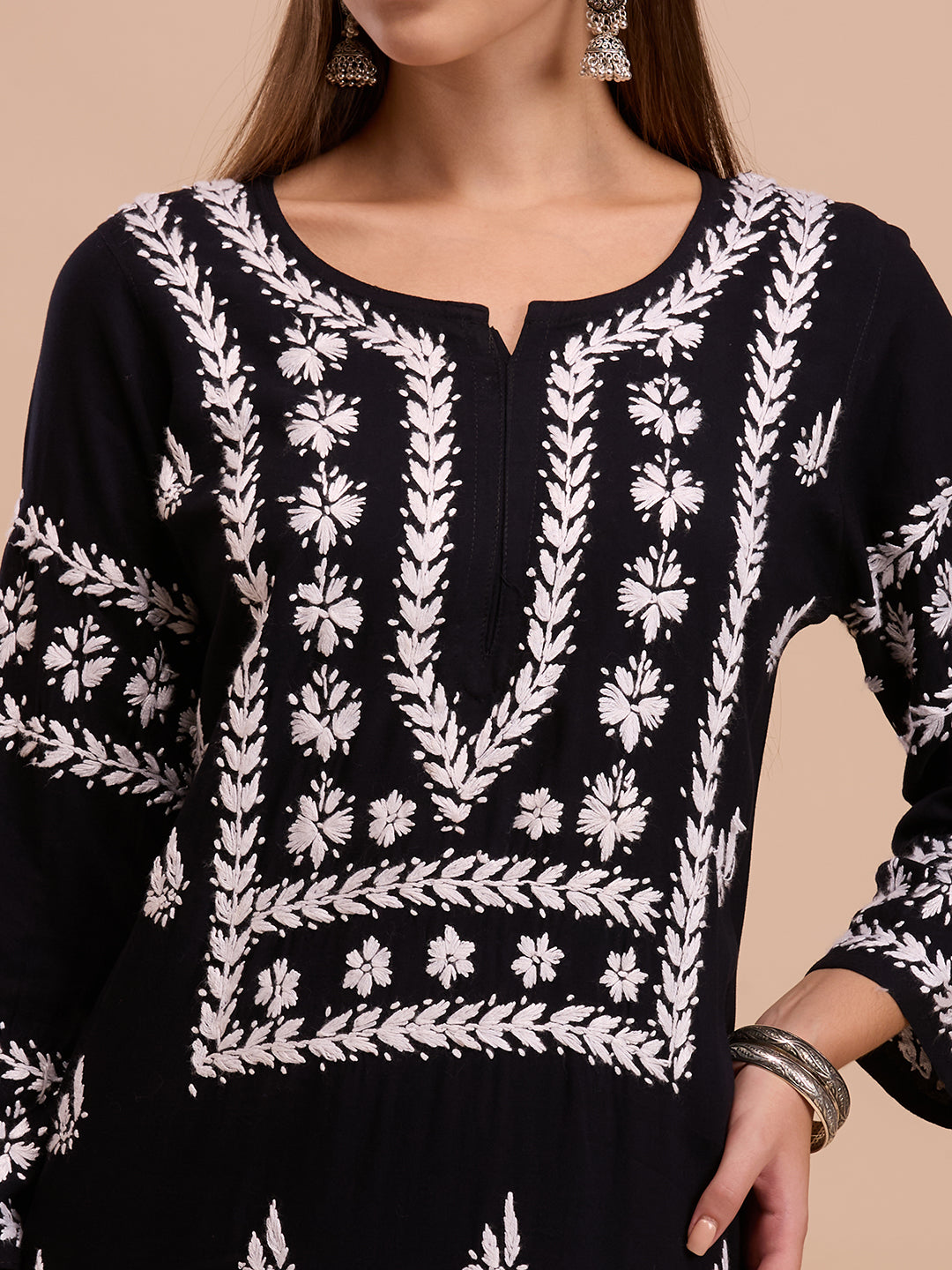 White On Black Long Lucknowi Chikankari Kurta