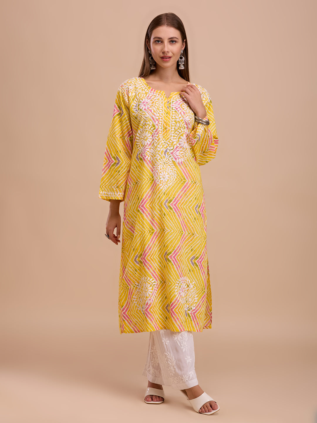 Yellow Lehariya Print Long Chikankari Kurta