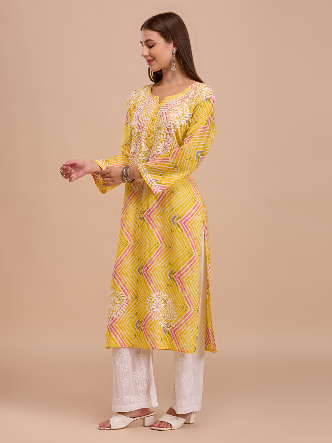 Yellow Lehariya Print Long Chikankari Kurta