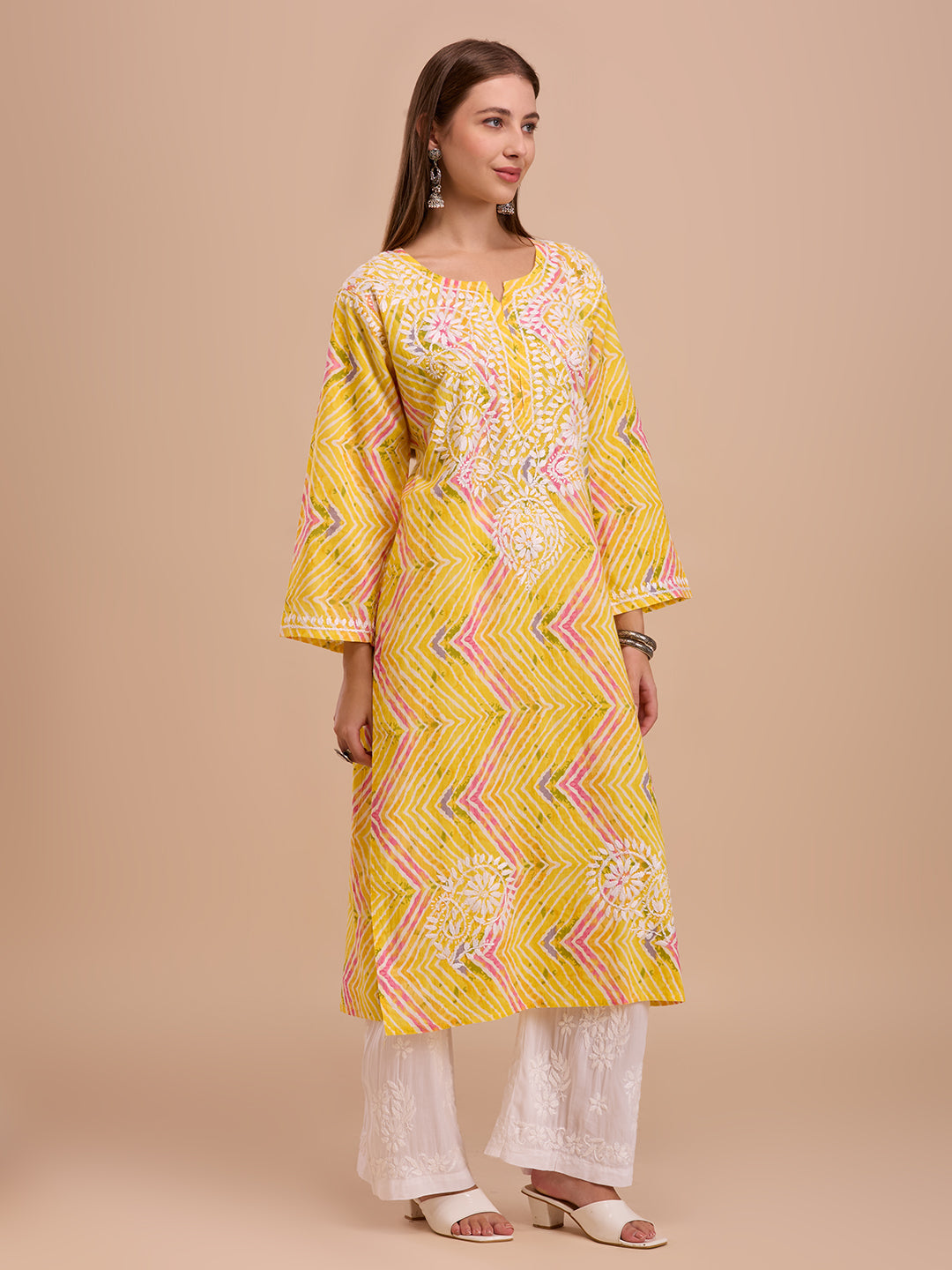 Yellow Lehariya Print Long Chikankari Kurta