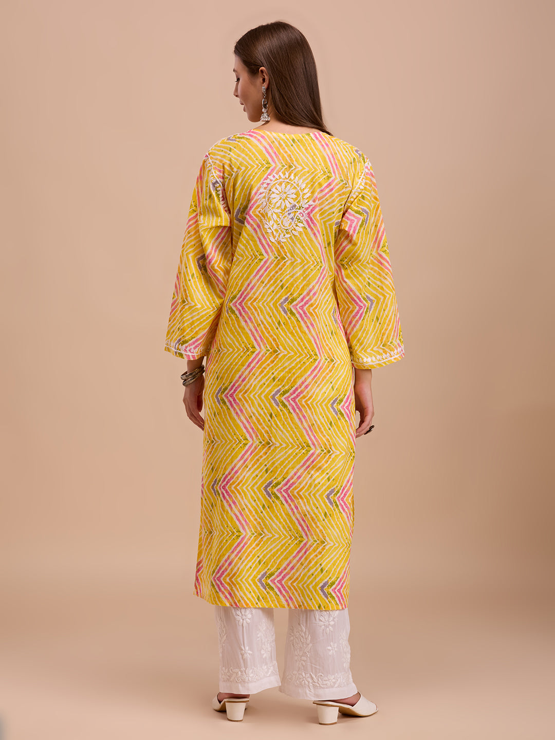 Yellow Lehariya Print Long Chikankari Kurta