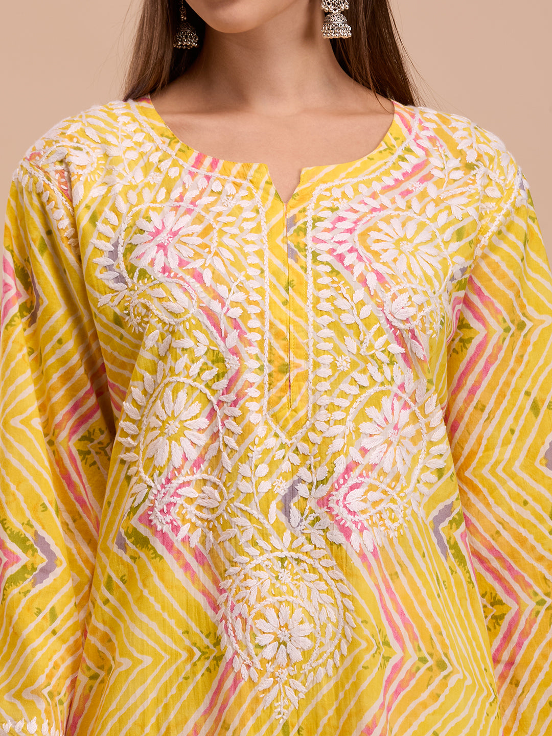Yellow Lehariya Print Long Chikankari Kurta