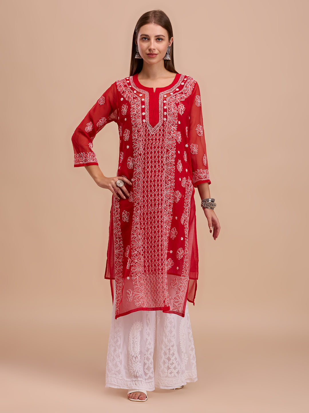 Red Georgette Lucknowi Chikankari Kurta