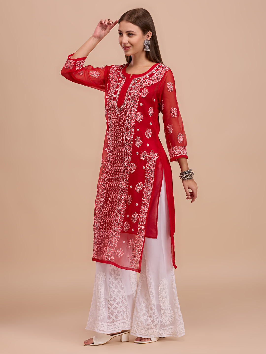 Red Georgette Lucknowi Chikankari Kurta