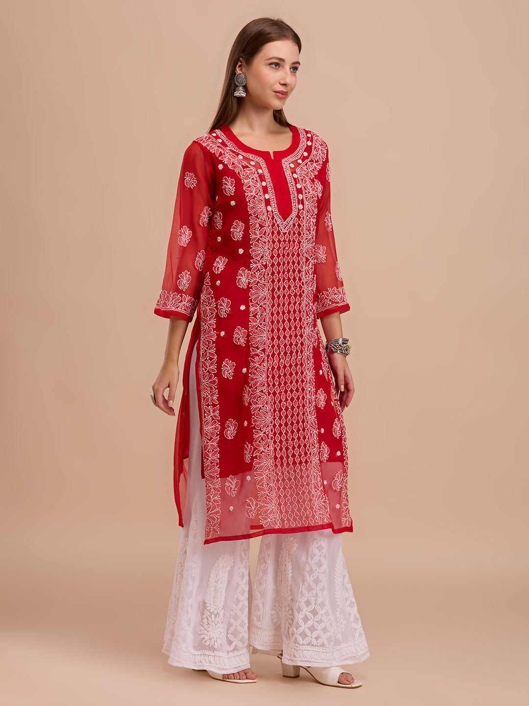 Red Georgette Lucknowi Chikankari Kurta