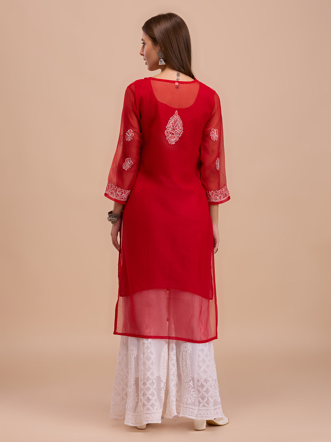 Red Georgette Lucknowi Chikankari Kurta