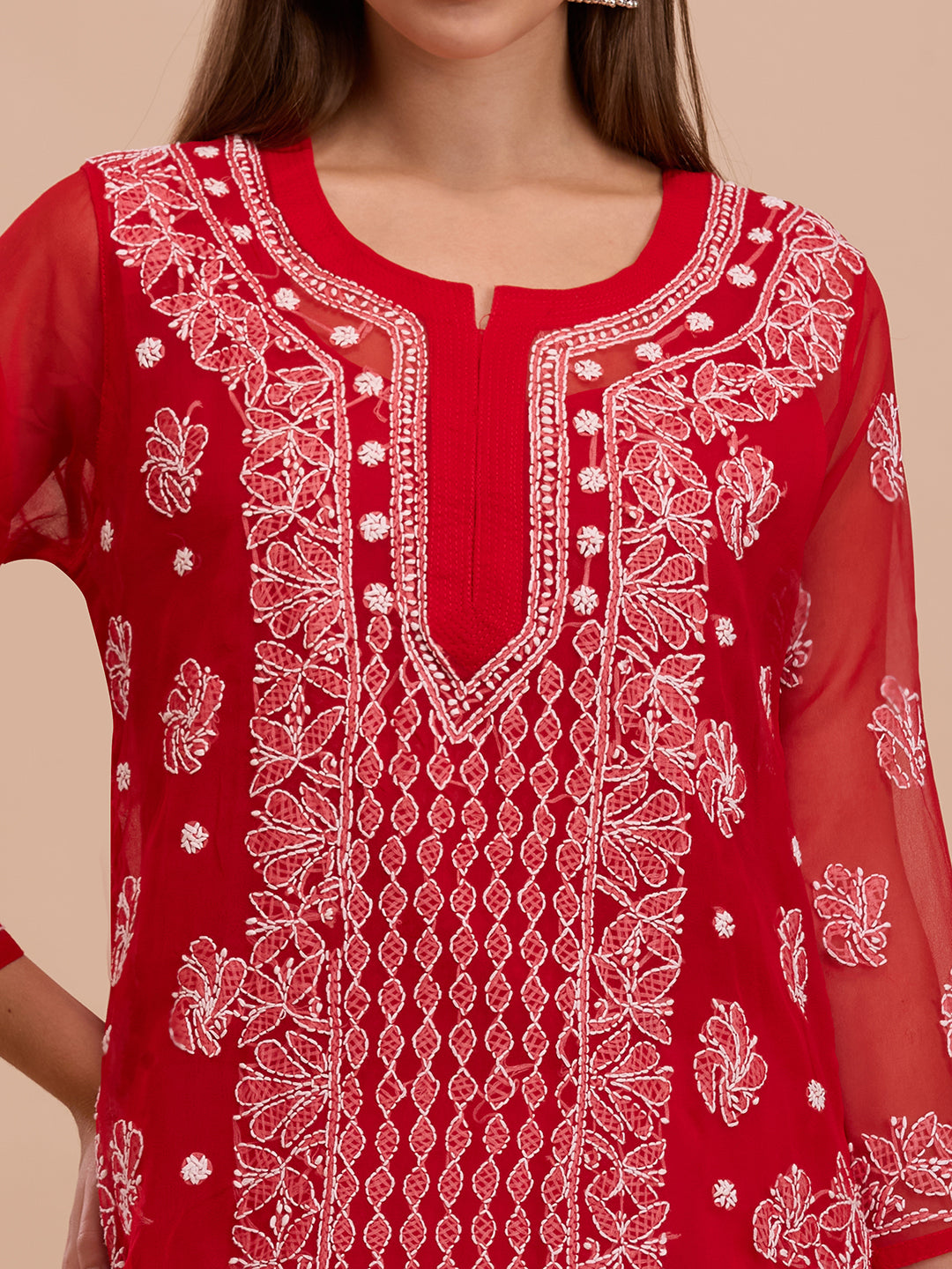 Red Georgette Lucknowi Chikankari Kurta