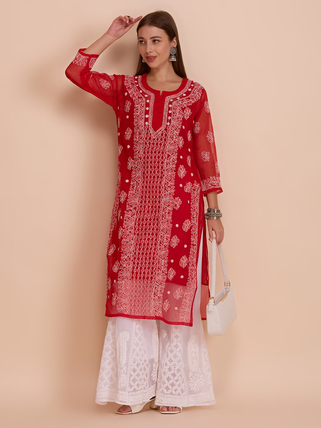 Red Georgette Lucknowi Chikankari Kurta