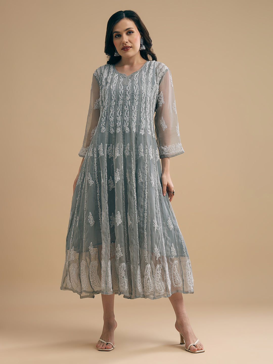 Grey 56 Kali Georgette Lucknowi Chikankari Gown