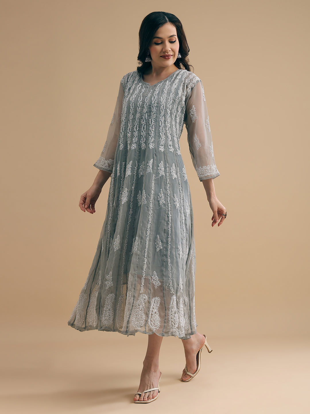 Grey 56 Kali Georgette Lucknowi Chikankari Gown