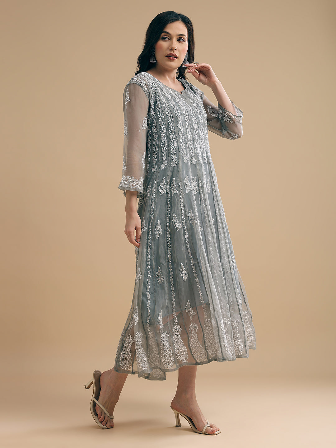 Grey 56 Kali Georgette Lucknowi Chikankari Gown