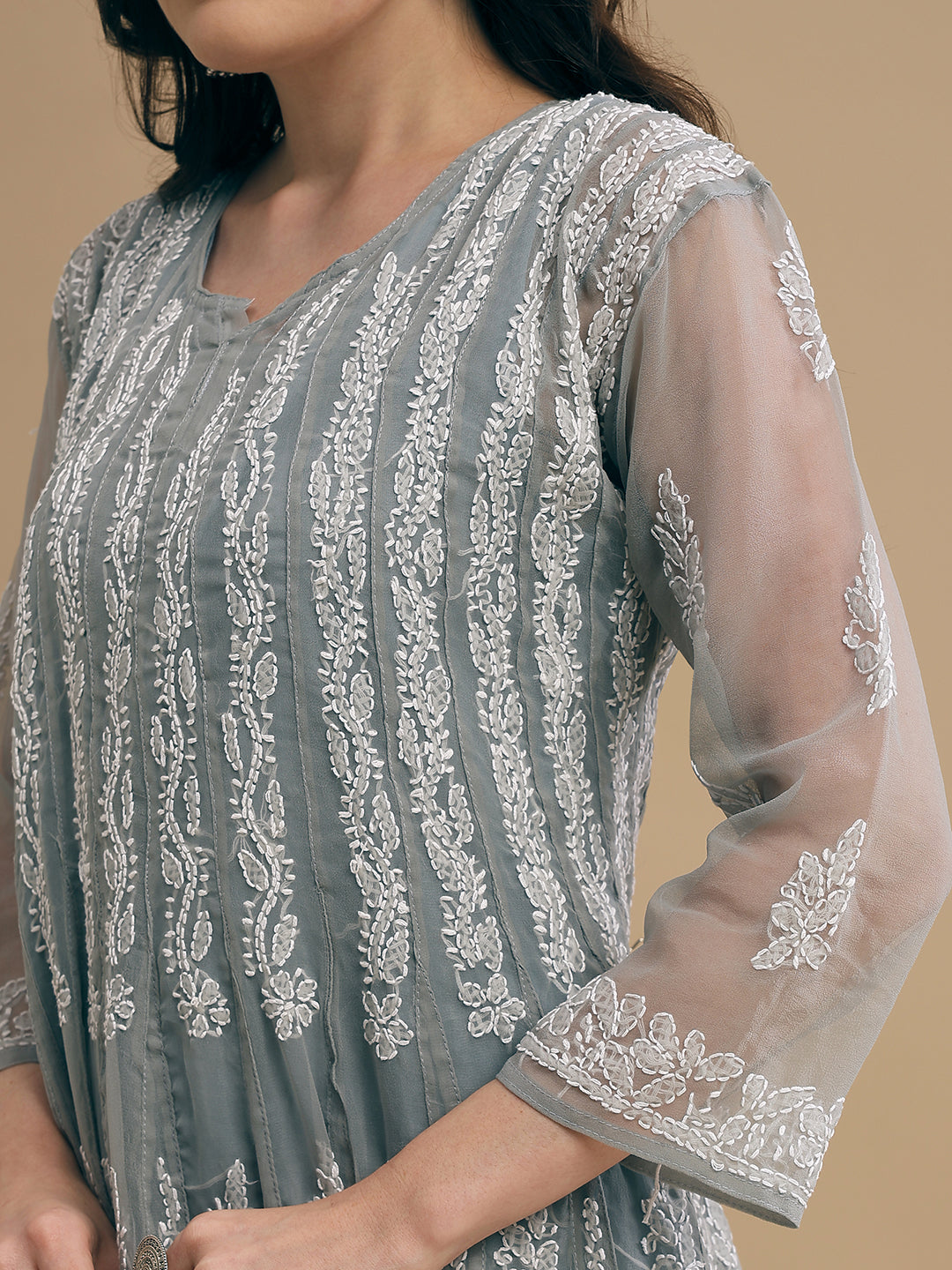 Grey 56 Kali Georgette Lucknowi Chikankari Gown