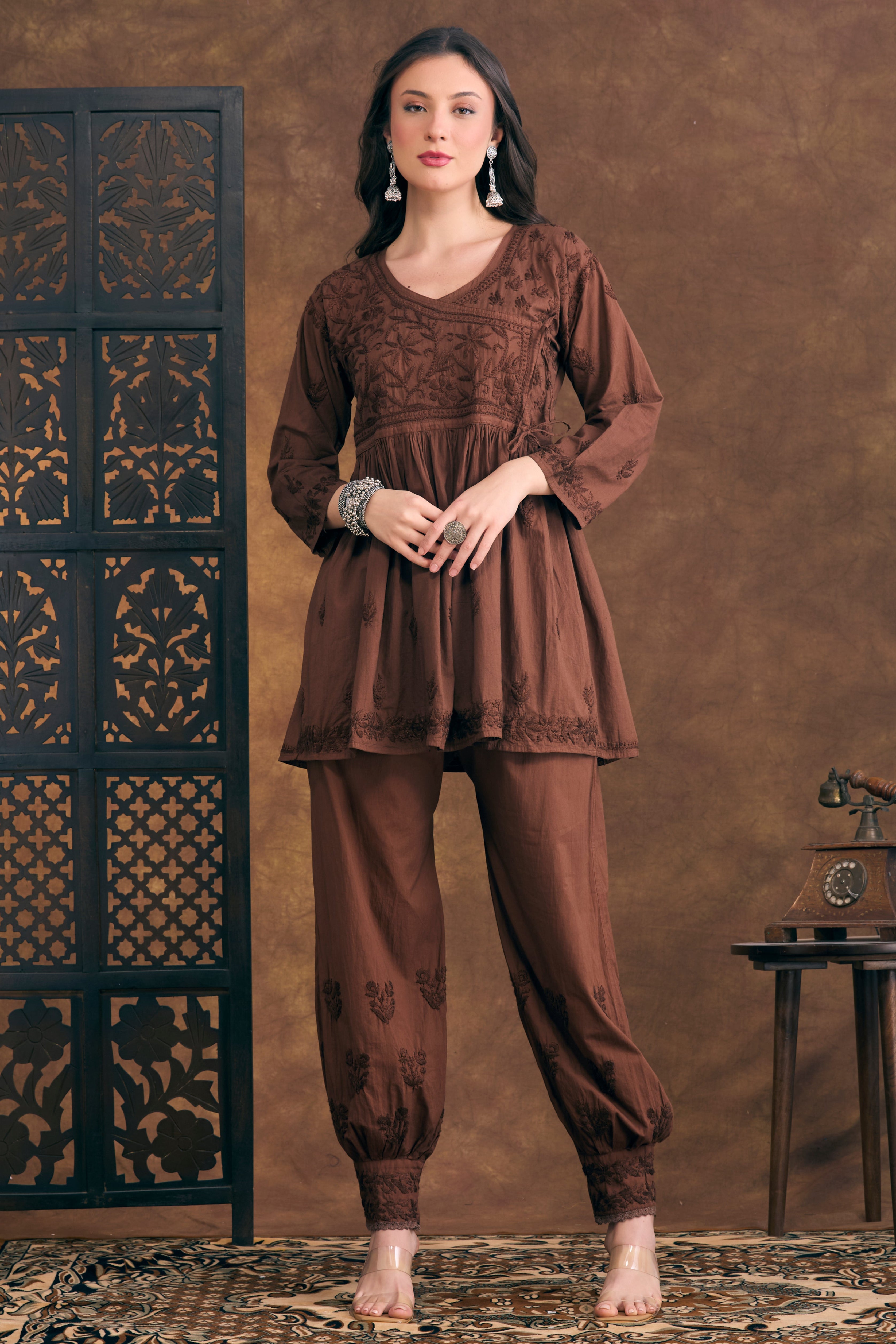 Noor Jehan Earthy Brown Chikankari Two-Piece Set