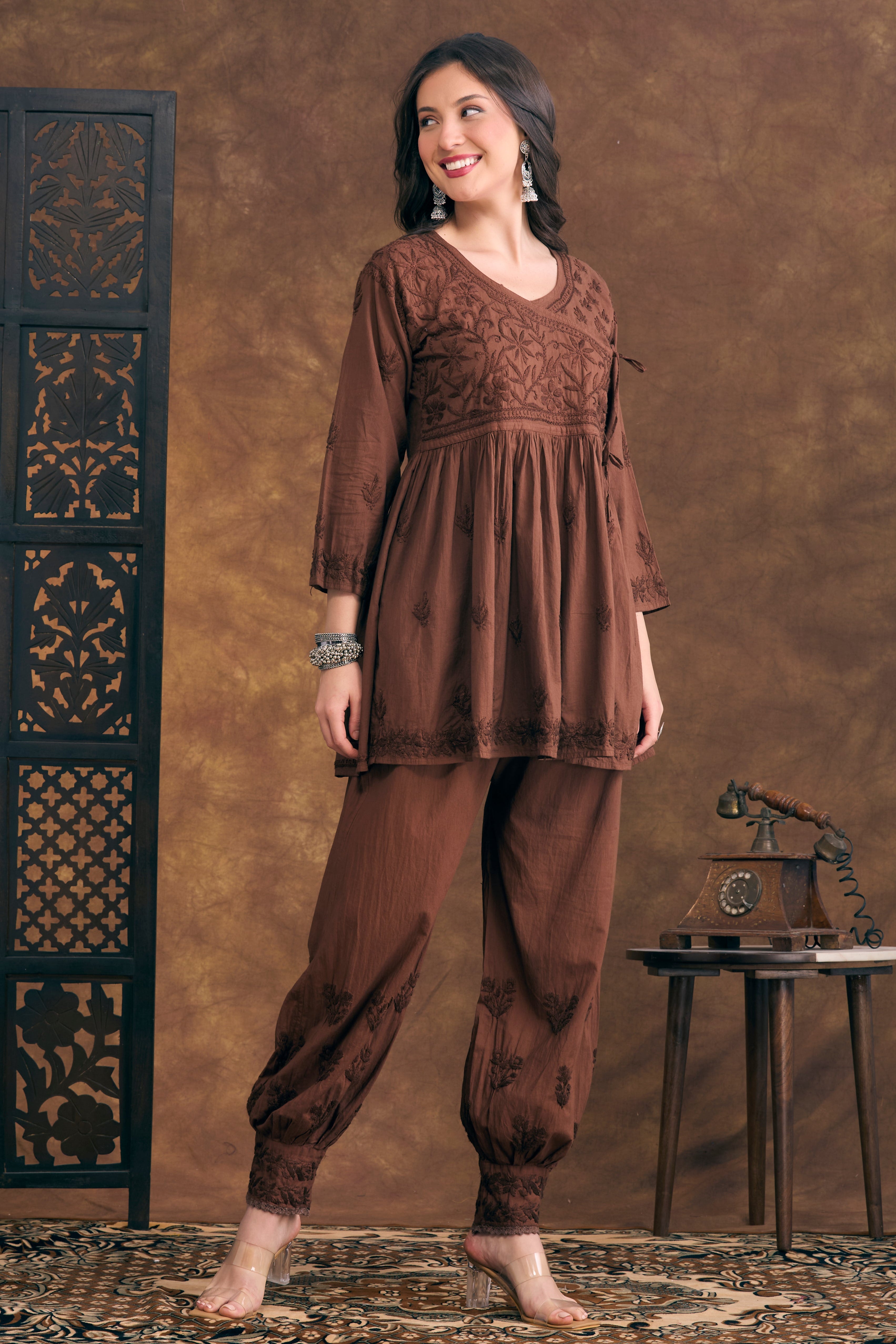 Noor Jehan Earthy Brown Chikankari Two-Piece Set