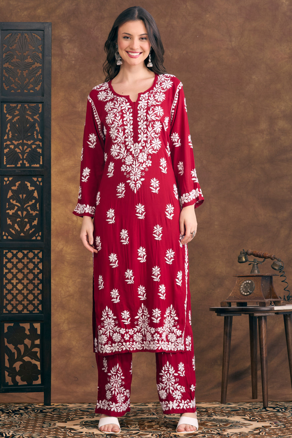 Ruby Maroon Rayon Chikankari Set