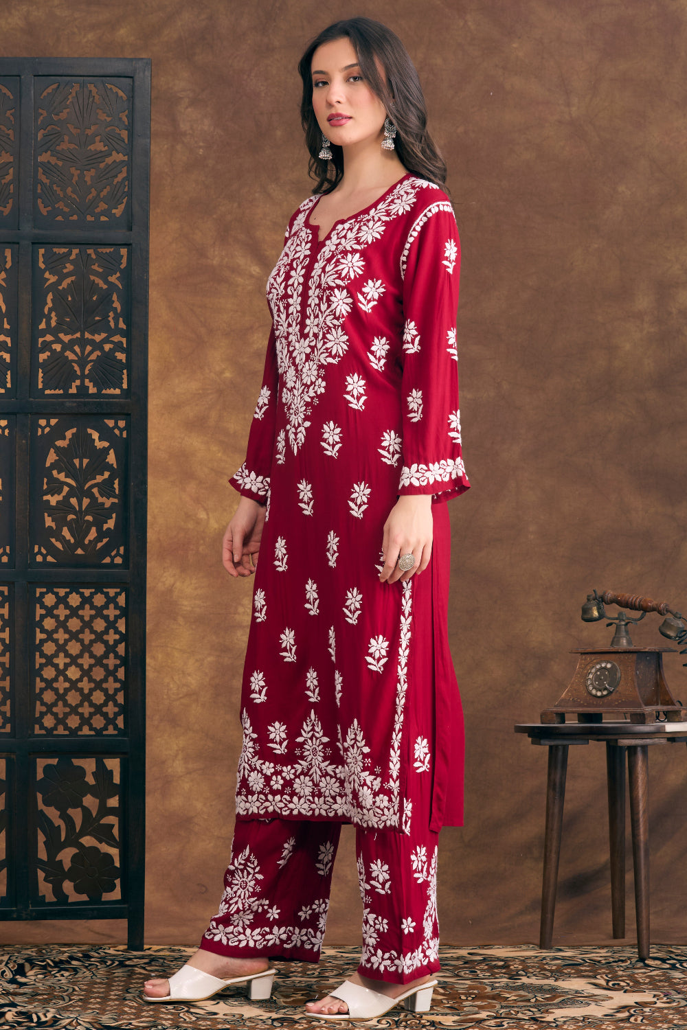 Ruby Maroon Rayon Chikankari Set